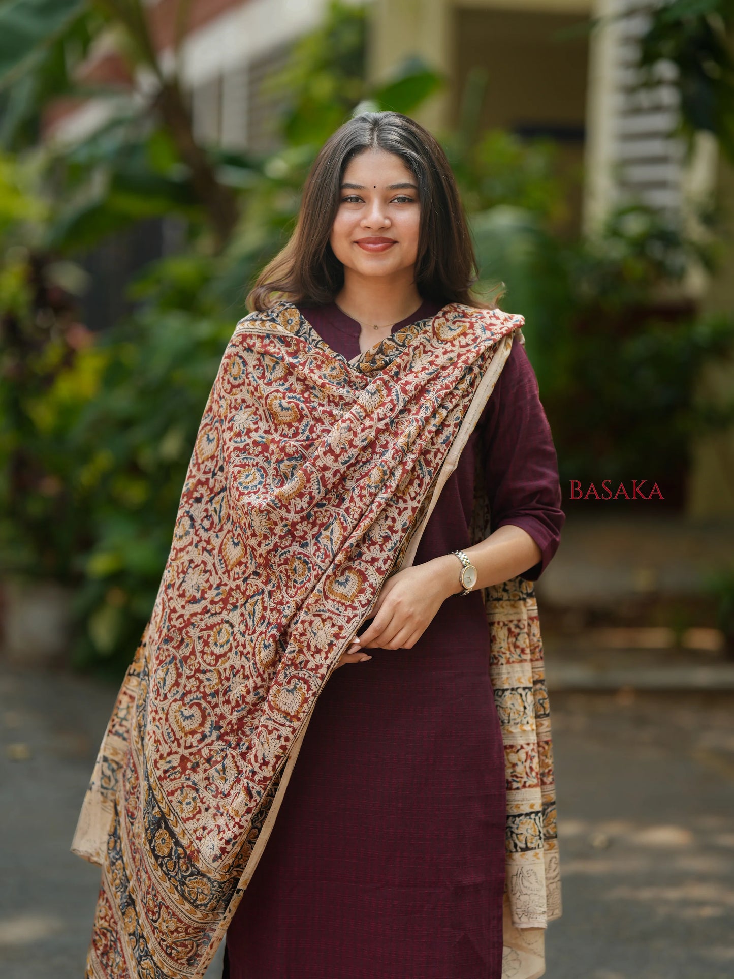 Coffee Brown Kalamkari South Cotton Suit Set (3Pcs.)