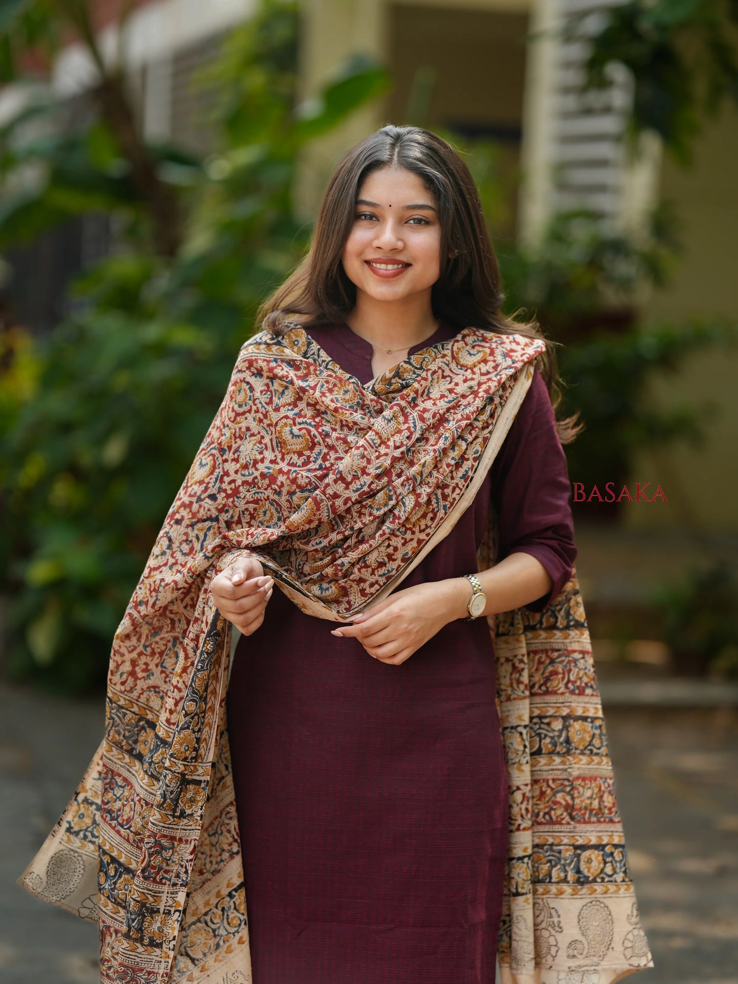 Coffee Brown Kalamkari South Cotton Suit Set (3Pcs.)