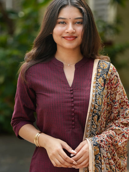 Coffee Brown Kalamkari South Cotton Suit Set (3Pcs.)
