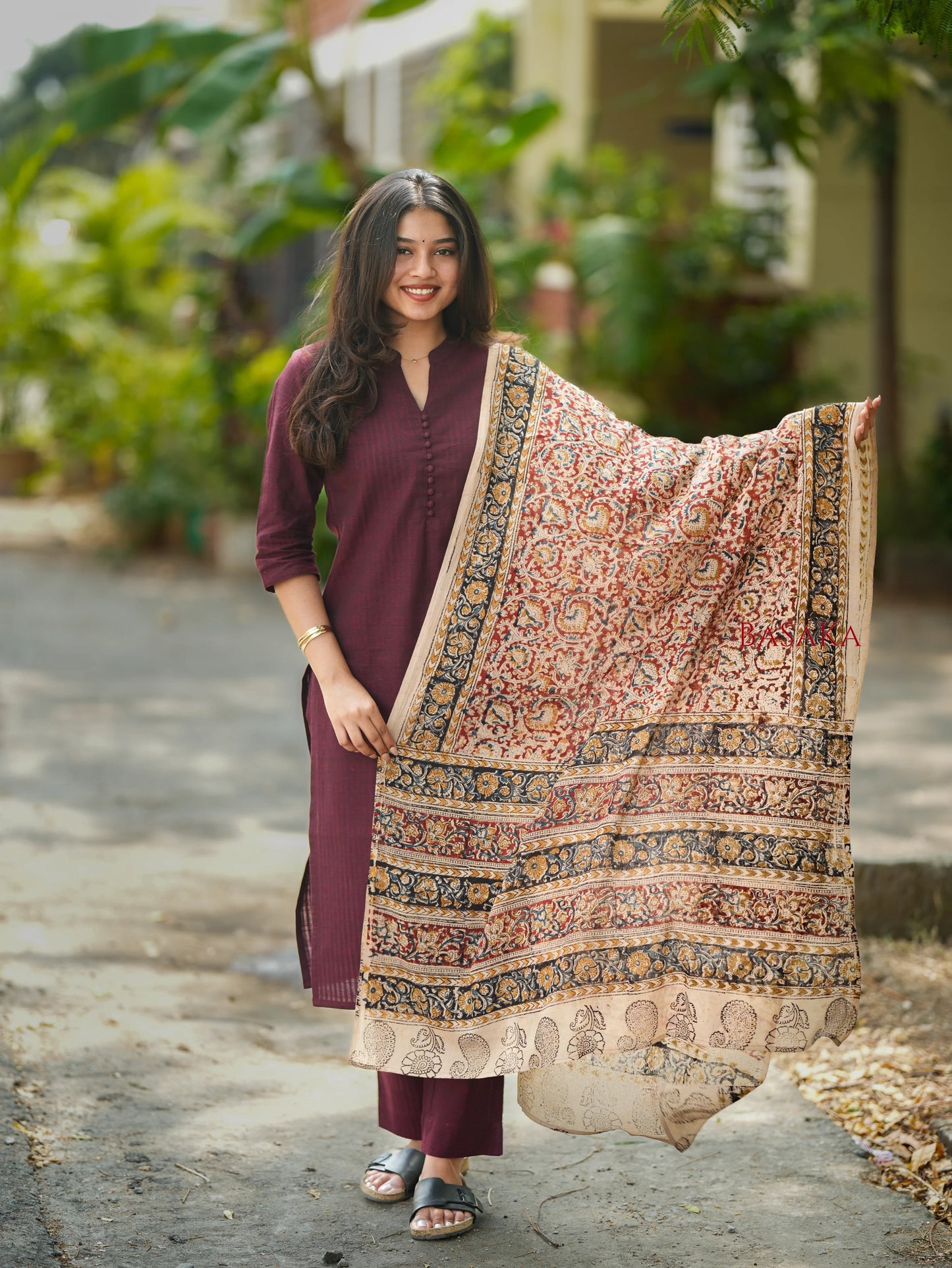 Coffee Brown Kalamkari South Cotton Suit Set (3Pcs.)