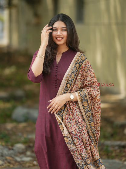Coffee Brown Kalamkari South Cotton Suit Set (3Pcs.)
