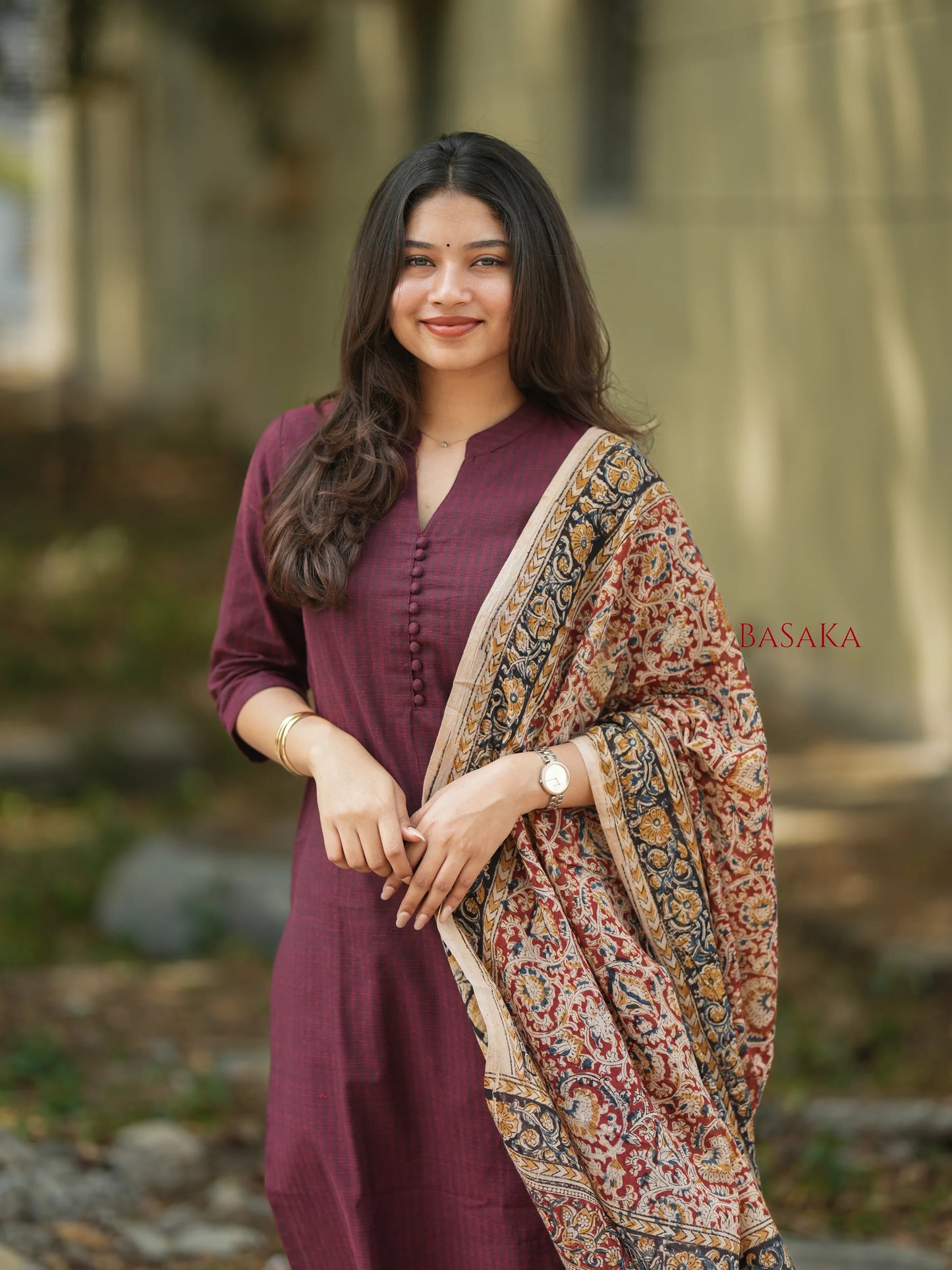 Coffee Brown Kalamkari South Cotton Suit Set (3Pcs.)