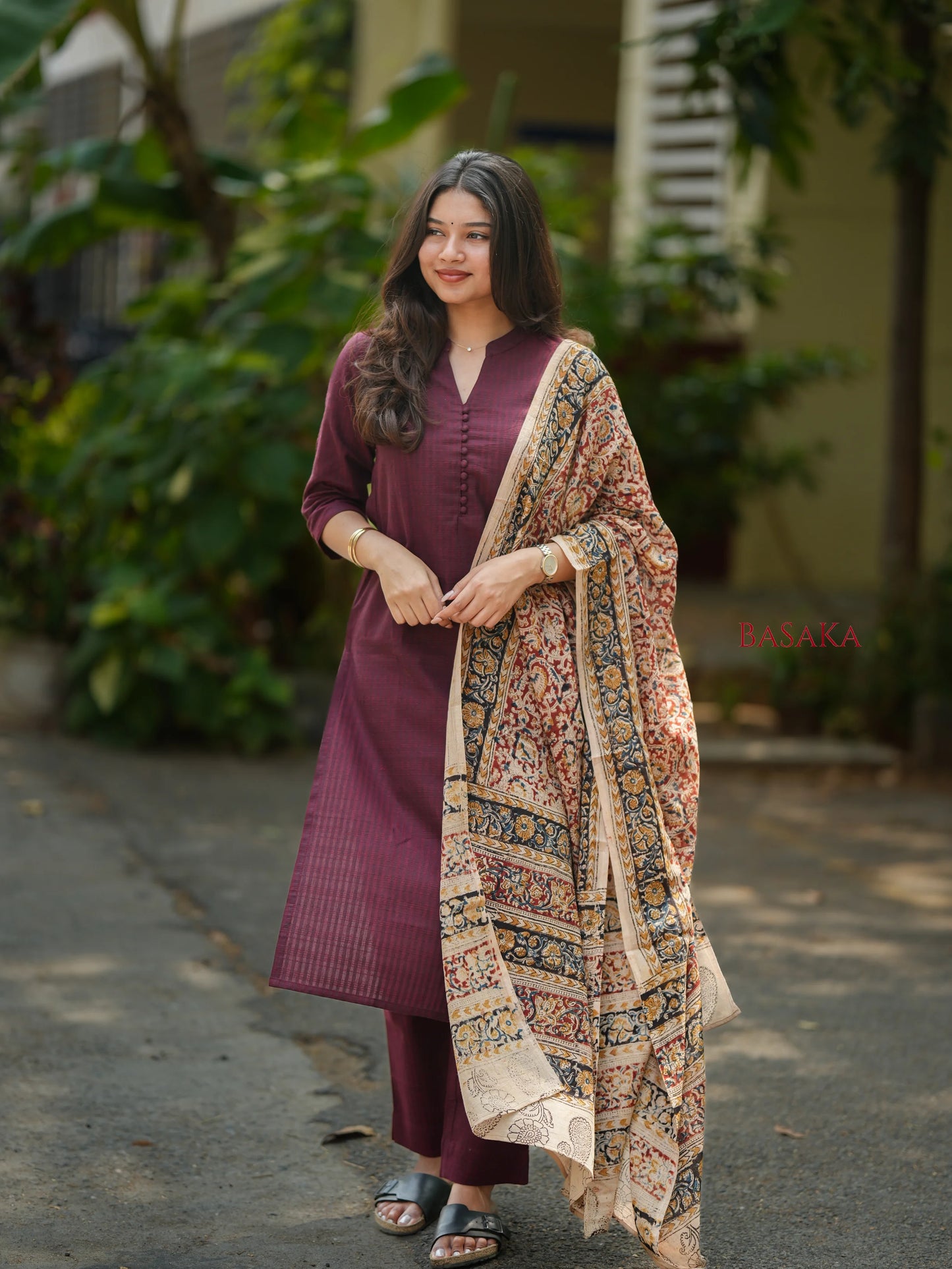 Coffee Brown Kalamkari South Cotton Suit Set (3Pcs.)