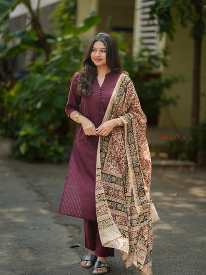 Coffee Brown Kalamkari South Cotton Suit Set (3Pcs.)