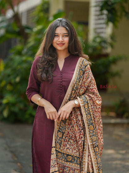 Coffee Brown Kalamkari South Cotton Suit Set (3Pcs.)