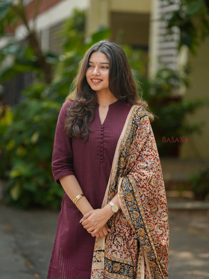 Coffee Brown Kalamkari South Cotton Suit Set (3Pcs.)