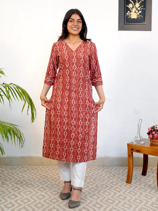 Coral Pink Diamond Block Printed COTTON Kurta