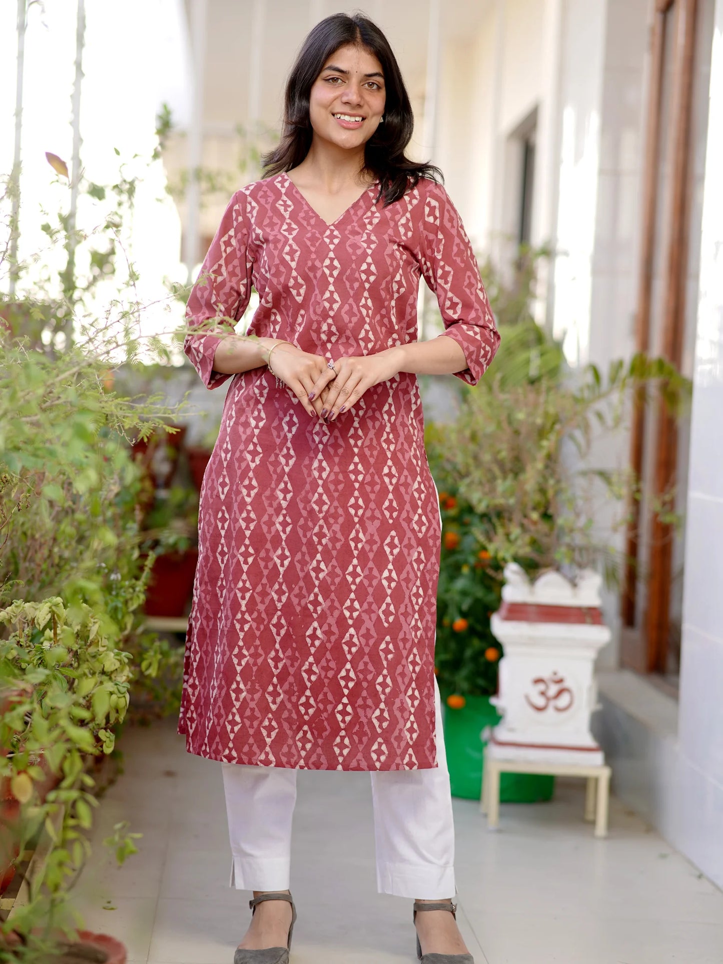 Coral Pink Diamond Block Printed COTTON Kurta