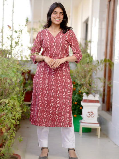 Coral Pink Diamond Block Printed COTTON Kurta