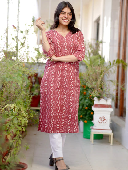 Coral Pink Diamond Block Printed COTTON Kurta
