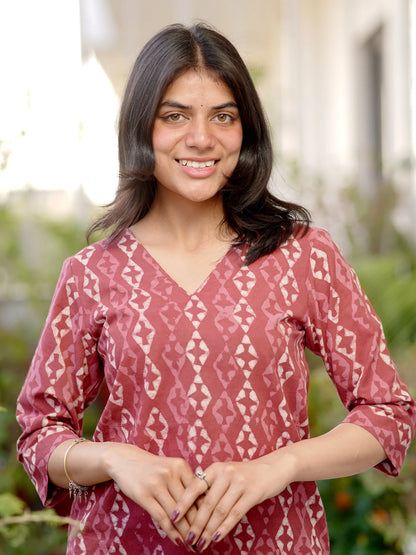 Coral Pink Diamond Block Printed COTTON Kurta