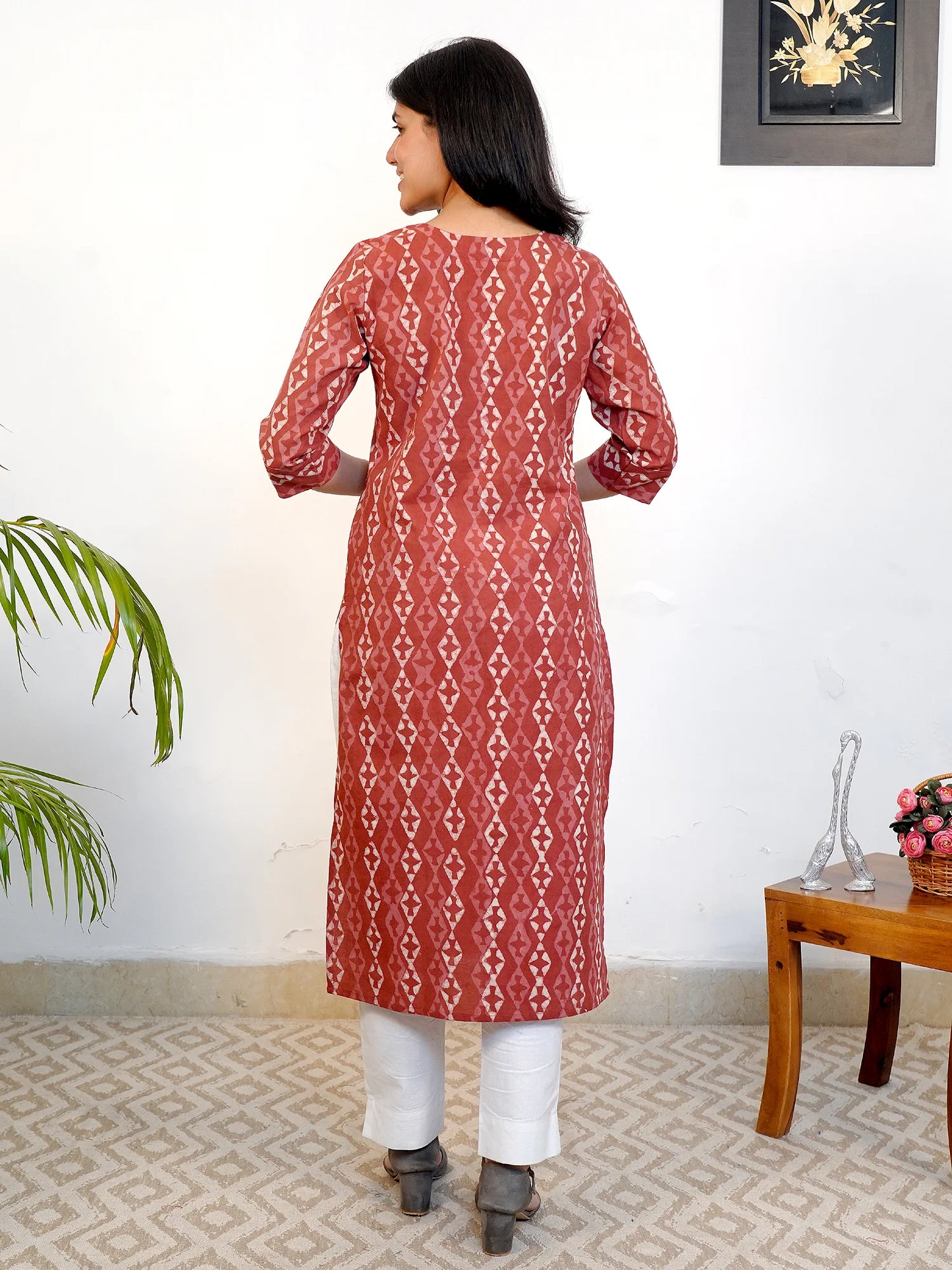 Coral Pink Diamond Block Printed COTTON Kurta