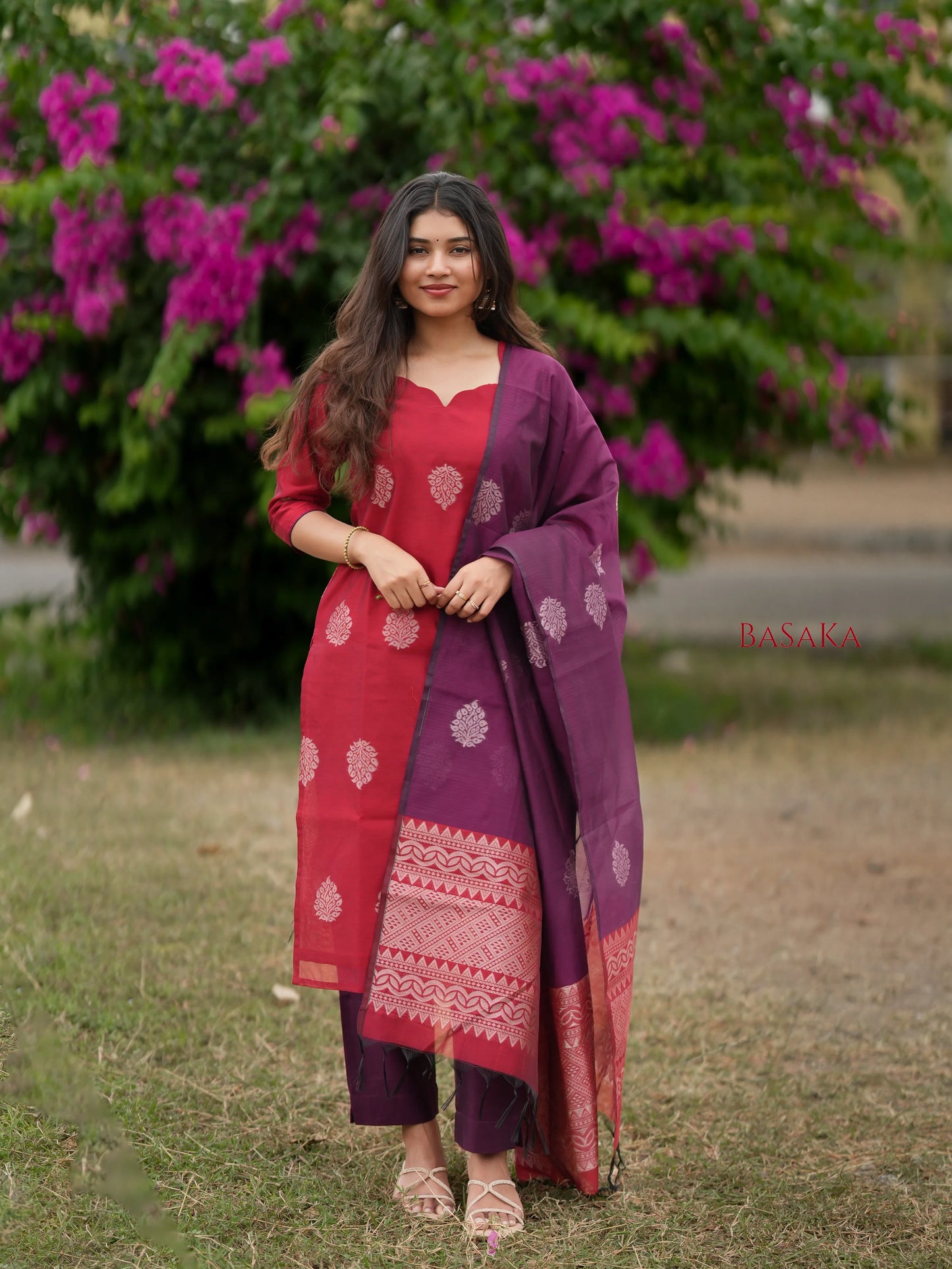 Coral Red n Purple Kora Silk Suit Set (3 Pcs) with lining