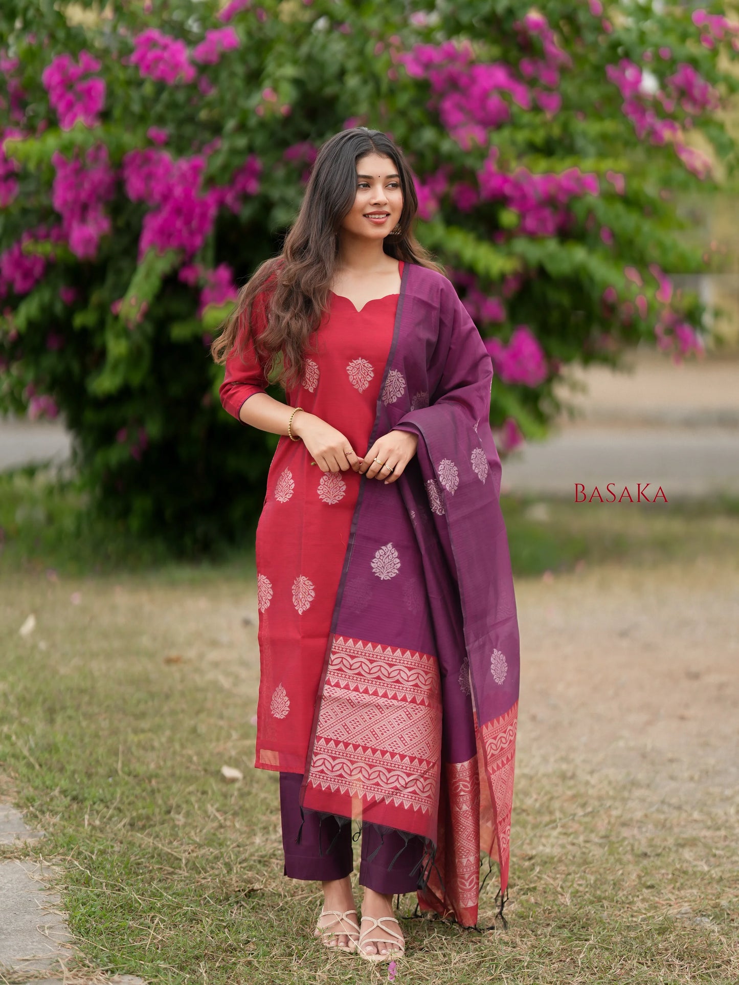 Coral Red n Purple Kora Silk Suit Set (3 Pcs) with lining