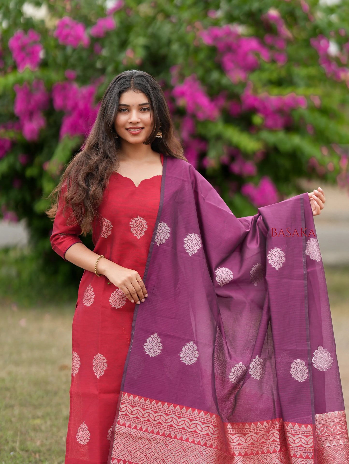 Coral Red n Purple Kora Silk Suit Set (3 Pcs) with lining