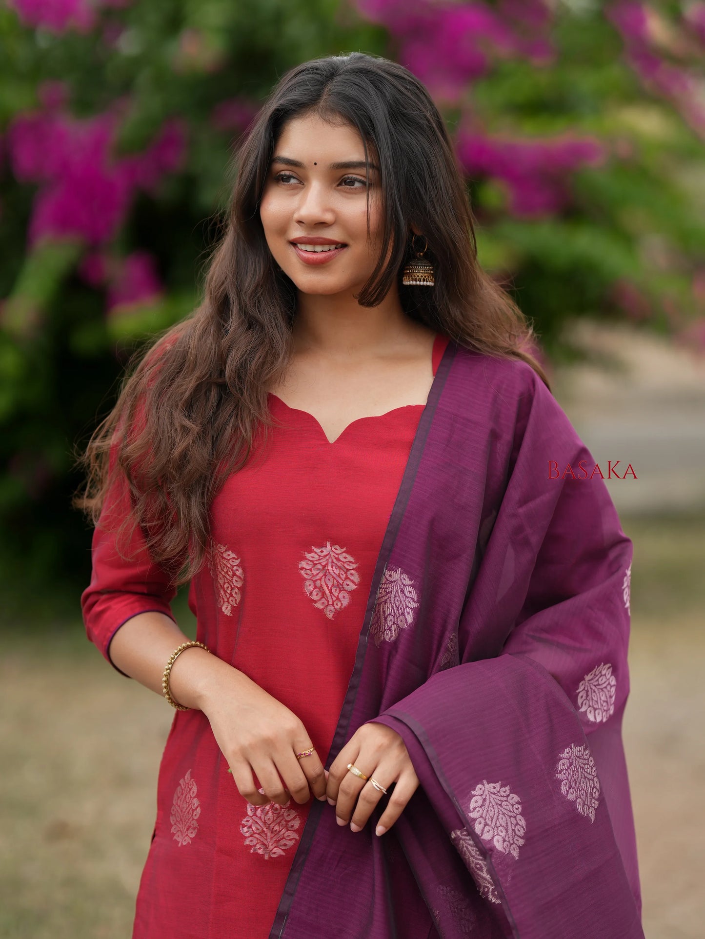 Coral Red n Purple Kora Silk Suit Set (3 Pcs) with lining