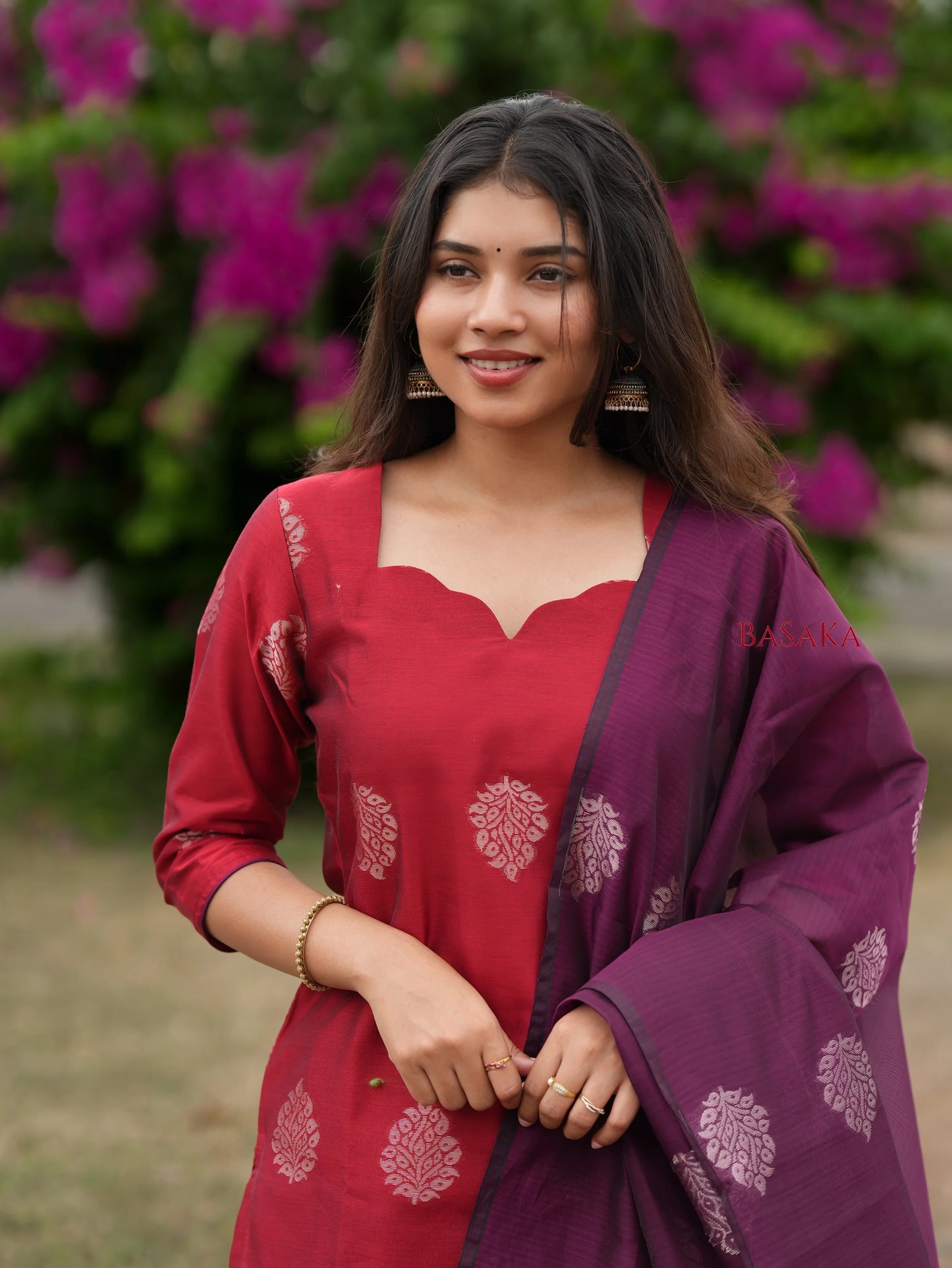 Coral Red n Purple Kora Silk Suit Set (3 Pcs) with lining