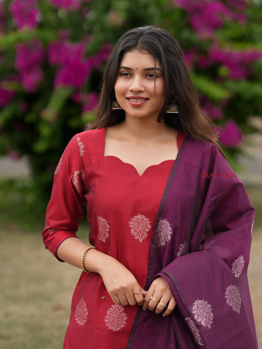 Coral Red n Purple Kora Silk Suit Set (3 Pcs) with lining