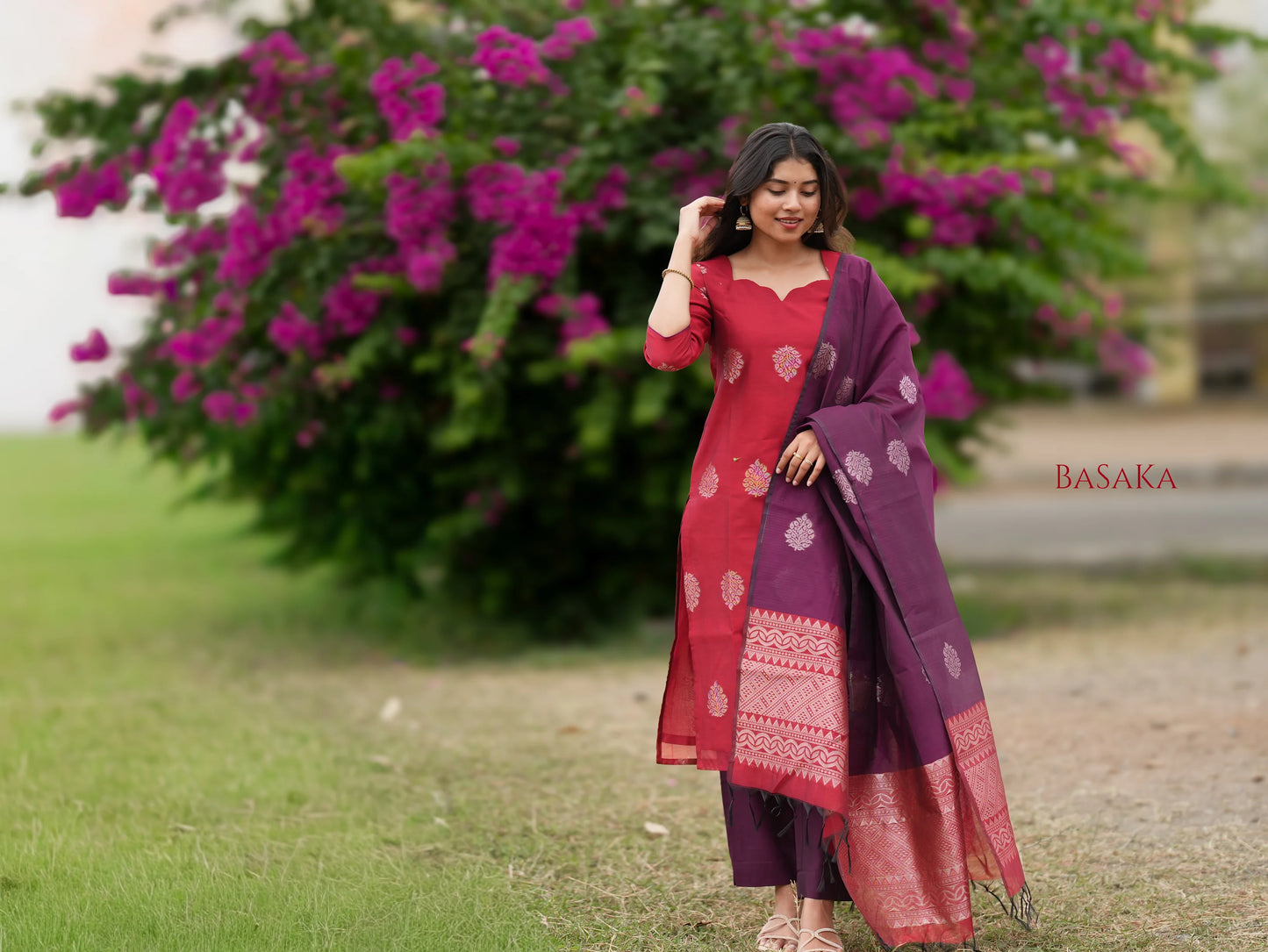 Coral Red n Purple Kora Silk Suit Set (3 Pcs) with lining
