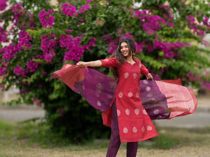 Coral Red n Purple Kora Silk Suit Set (3 Pcs) with lining