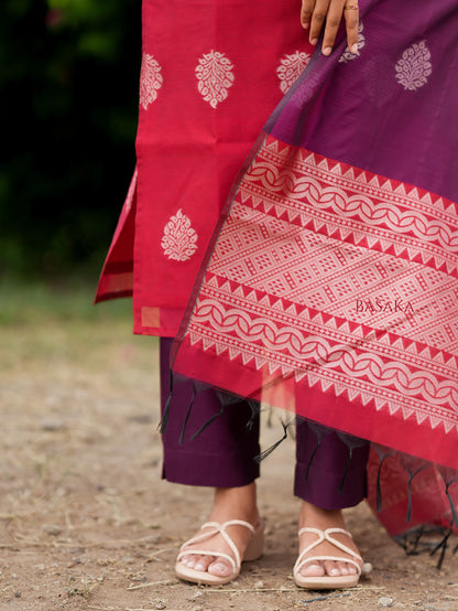Coral Red n Purple Kora Silk Suit Set (3 Pcs) with lining