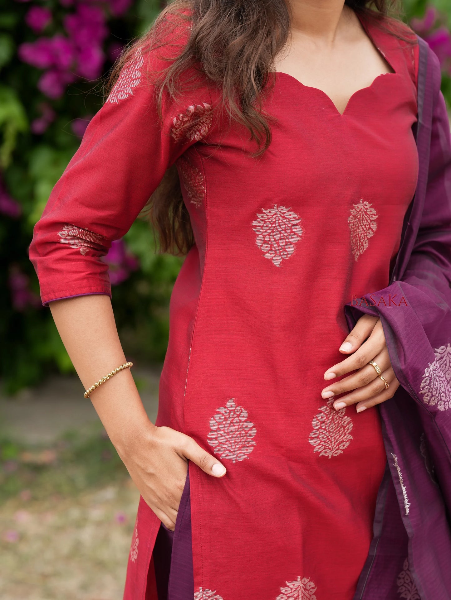 Coral Red n Purple Kora Silk Suit Set (3 Pcs) with lining