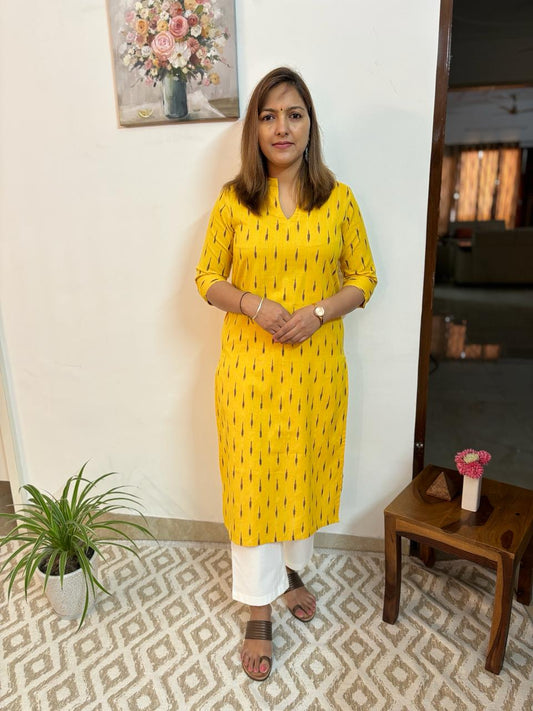 Cyber Yellow Ikkat Handloom Cotton Kurta