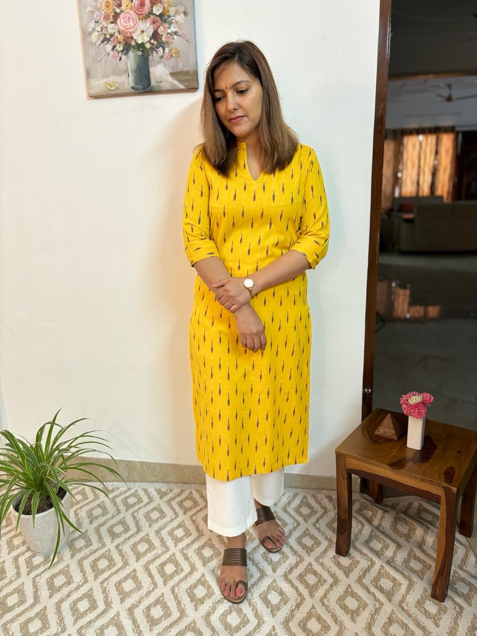 Cyber Yellow Ikkat Handloom Cotton Kurta