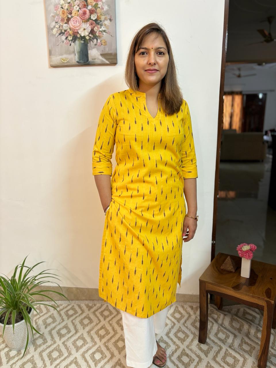 Cyber Yellow Ikkat Handloom Cotton Kurta