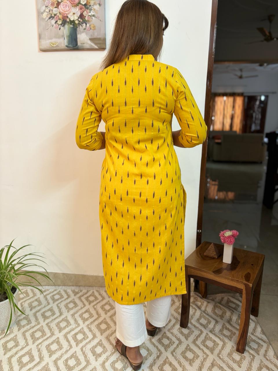 Cyber Yellow Ikkat Handloom Cotton Kurta