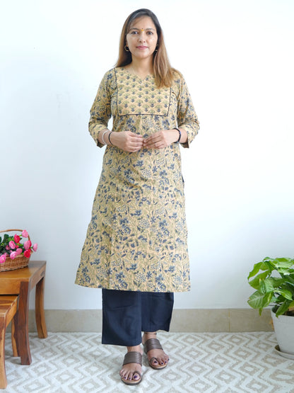 Wheat and Dark Grey Floral Cotton Yoke Kurta