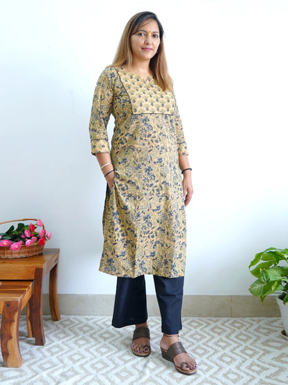 Wheat and Dark Grey Floral Cotton Yoke Kurta