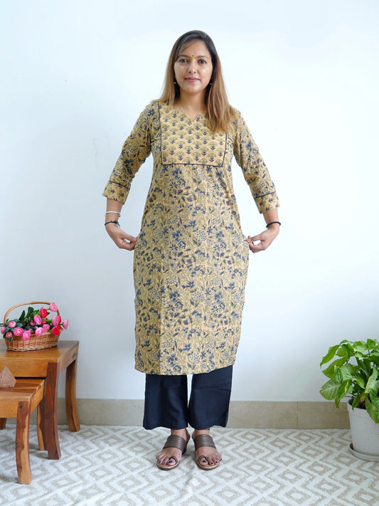 Wheat and Dark Grey Floral Cotton Yoke Kurta