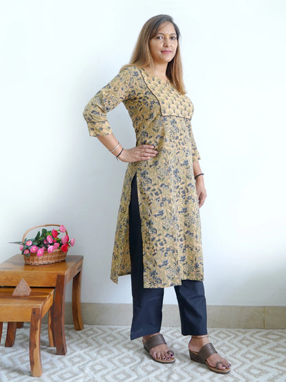 Wheat and Dark Grey Floral Cotton Yoke Kurta