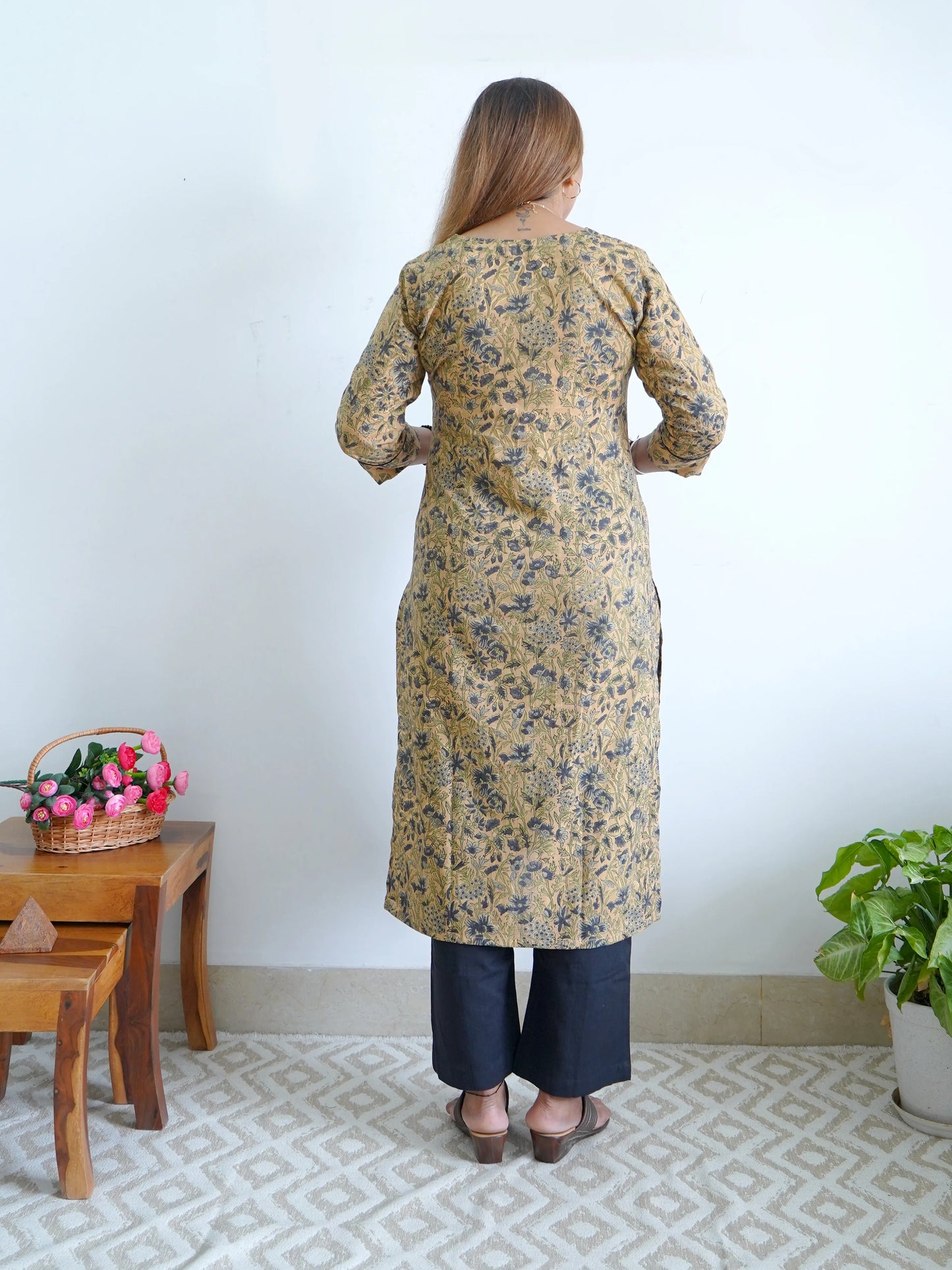 Wheat and Dark Grey Floral Cotton Yoke Kurta