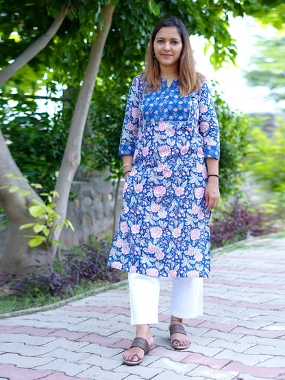 Blue Floral Block Printed Cotton Yoke Kurta