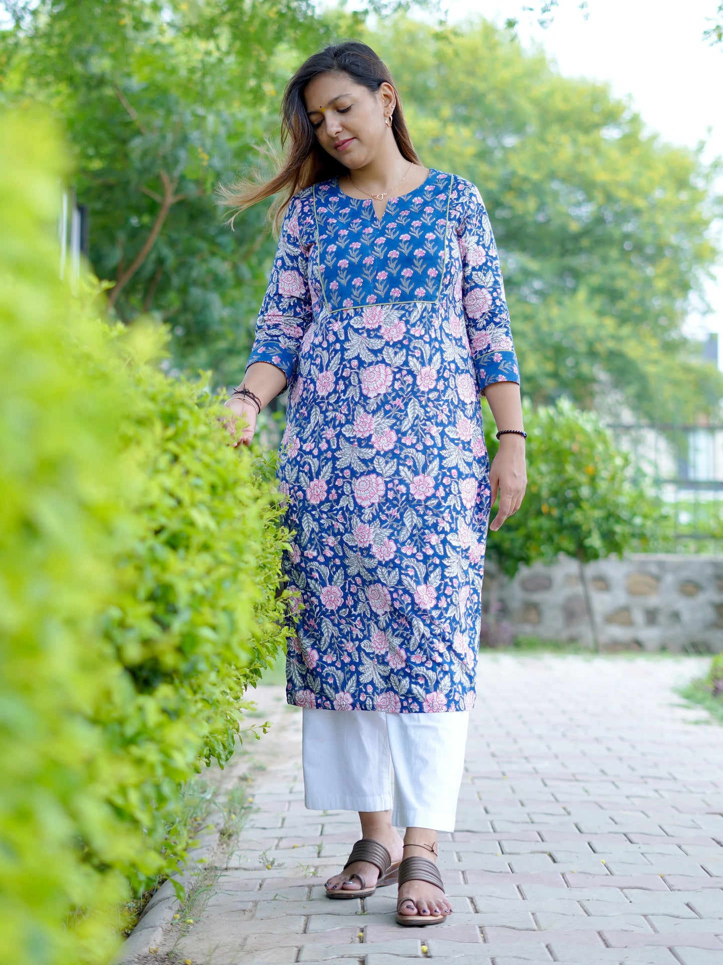 Blue Floral Block Printed Cotton Yoke Kurta