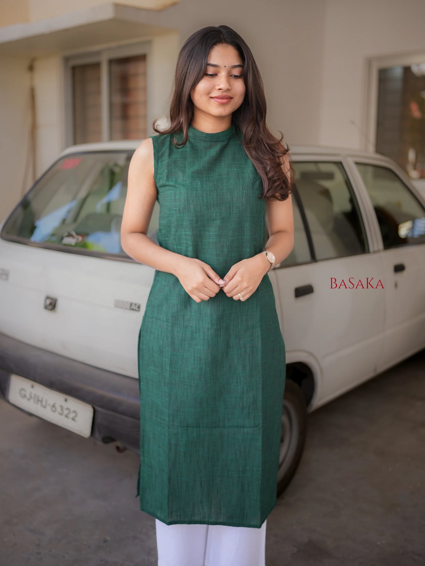 Dark Green Handloom South Cotton Sleeveless Kurta