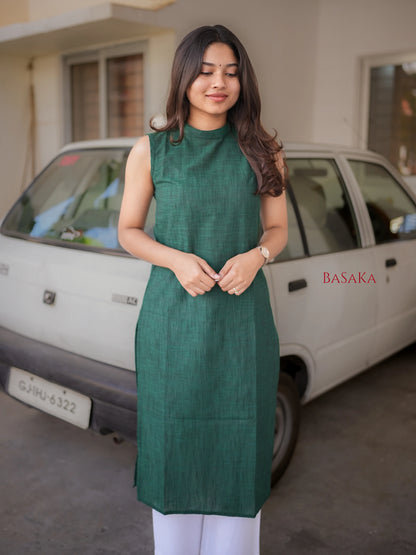 Dark Green Handloom South Cotton Sleeveless Kurta