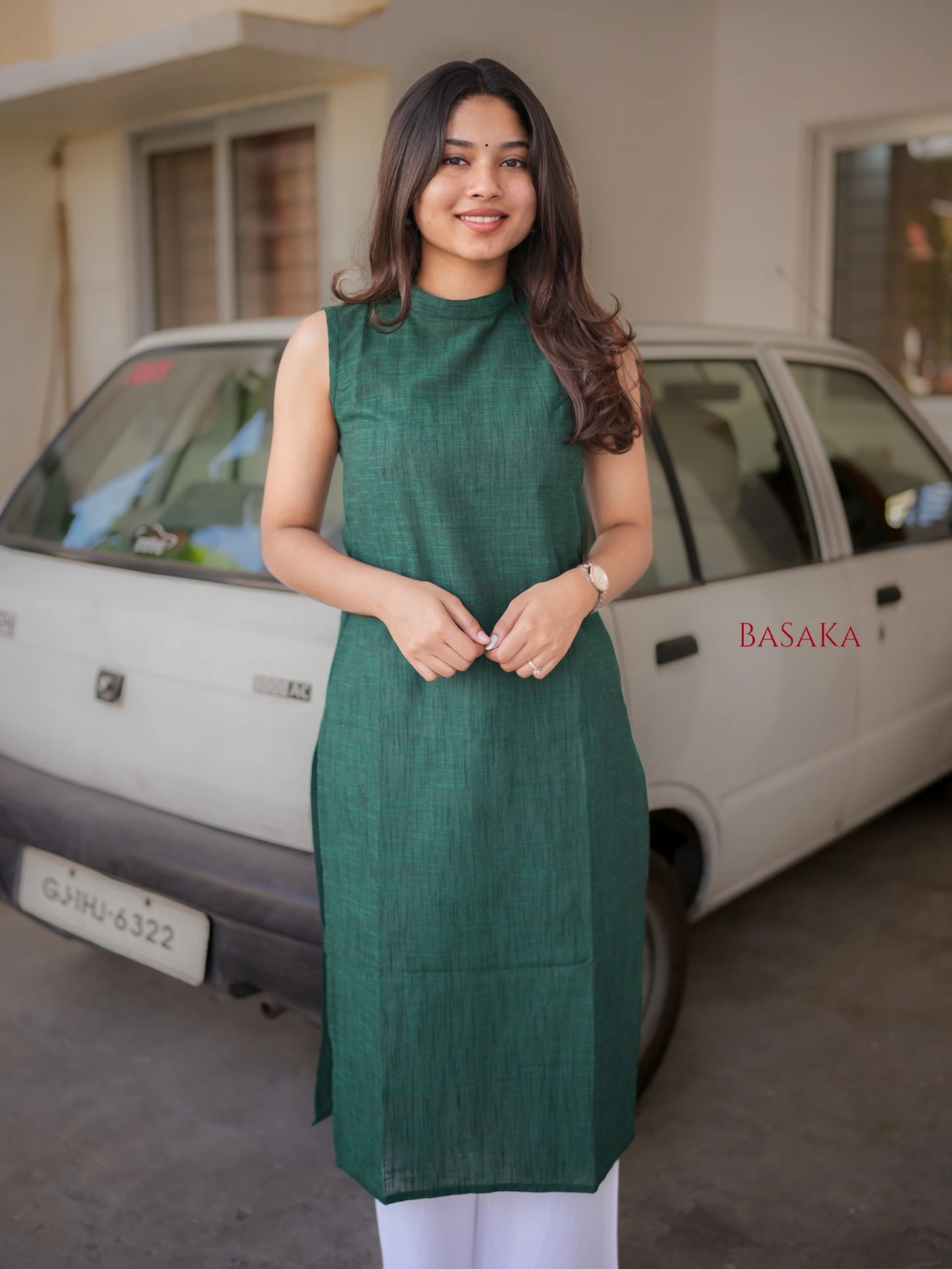 Dark Green Handloom South Cotton Sleeveless Kurta