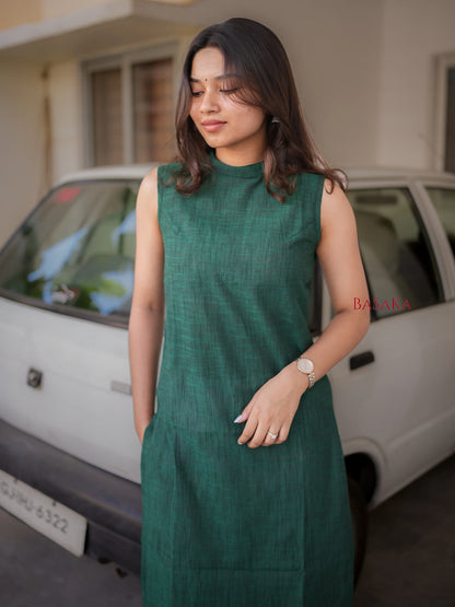 Dark Green Handloom South Cotton Sleeveless Kurta