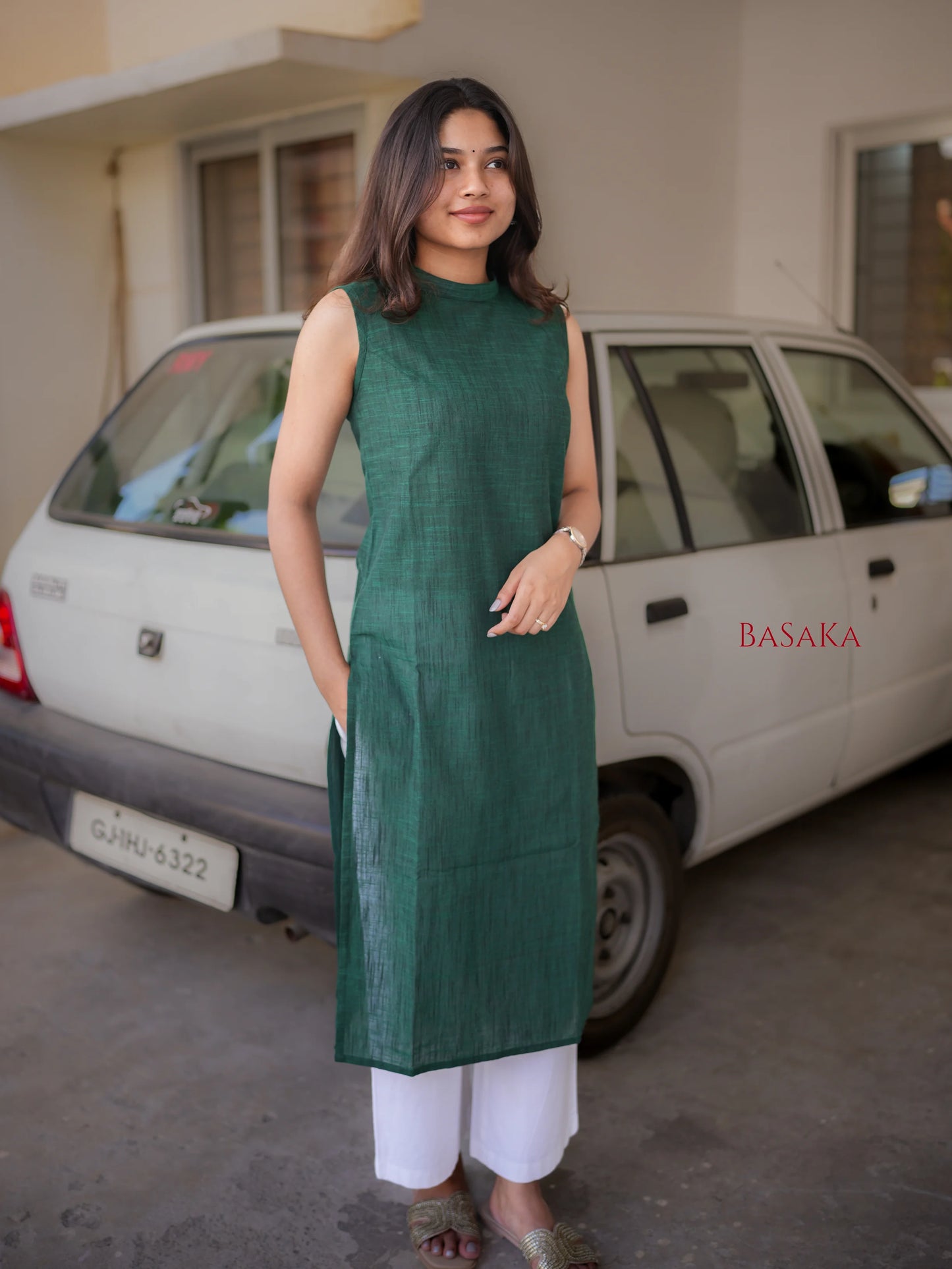 Dark Green Handloom South Cotton Sleeveless Kurta