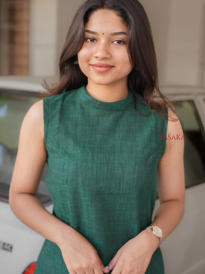 Dark Green Handloom South Cotton Sleeveless Kurta