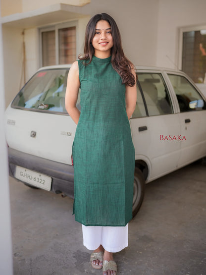 Dark Green Handloom South Cotton Sleeveless Kurta