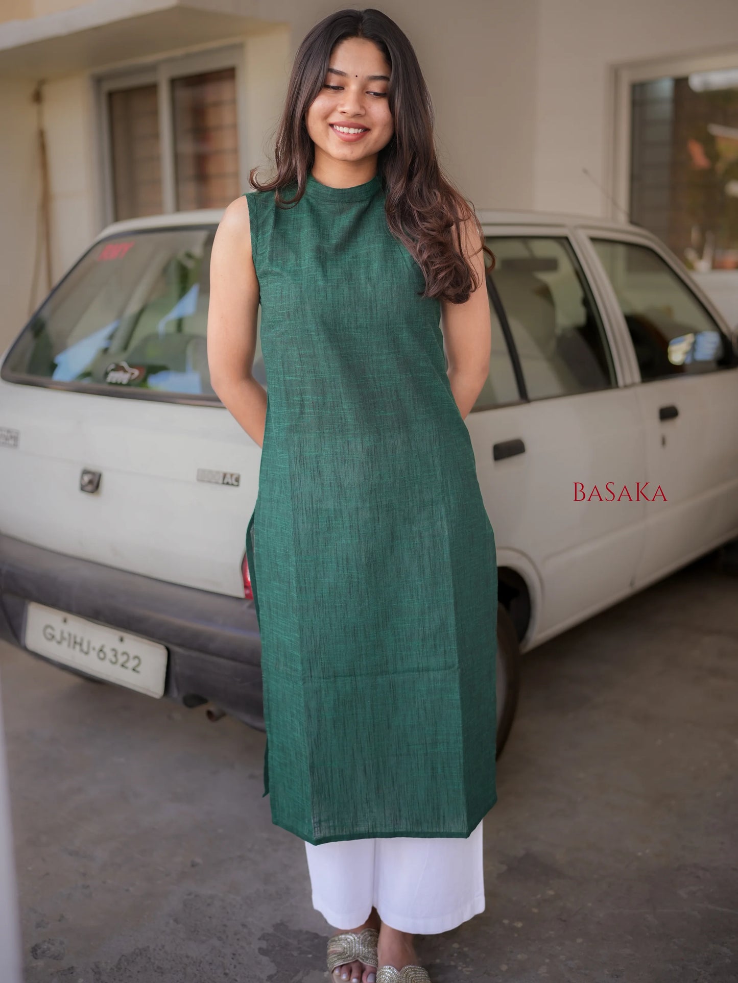 Dark Green Handloom South Cotton Sleeveless Kurta