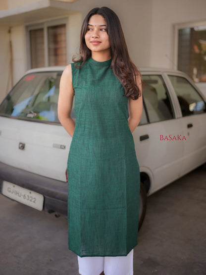 Dark Green Handloom South Cotton Sleeveless Kurta