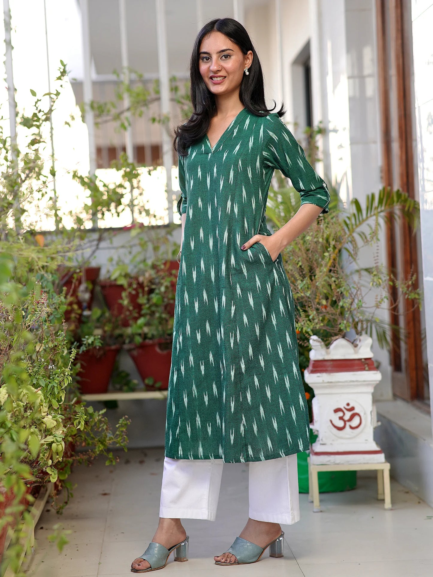 Dark Green IKKAT Handloom A-Line Kurta