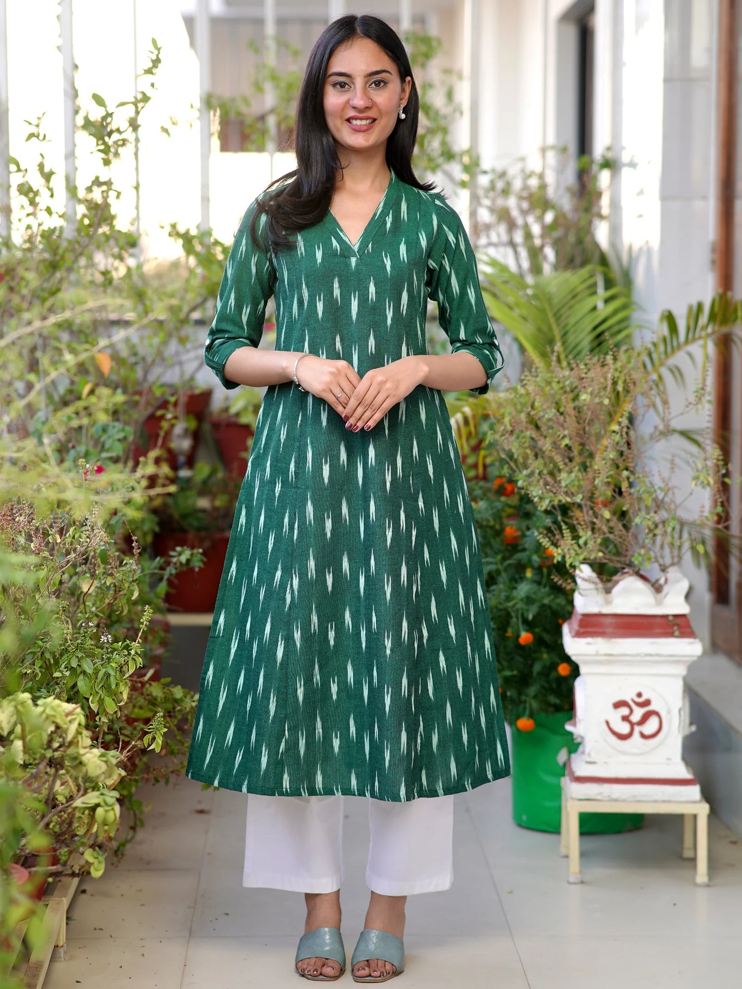 Dark Green IKKAT Handloom A-Line Kurta