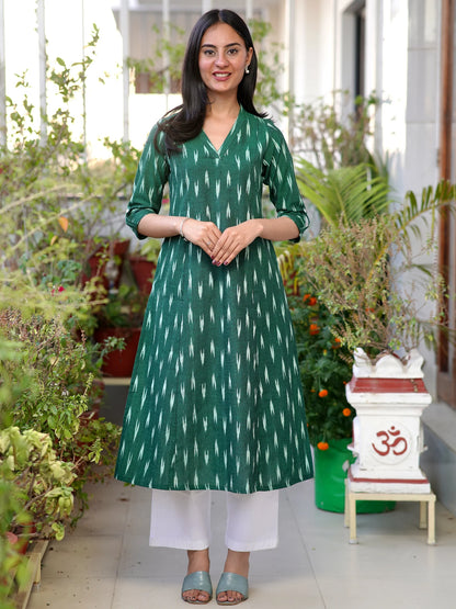 Dark Green IKKAT Handloom A-Line Kurta