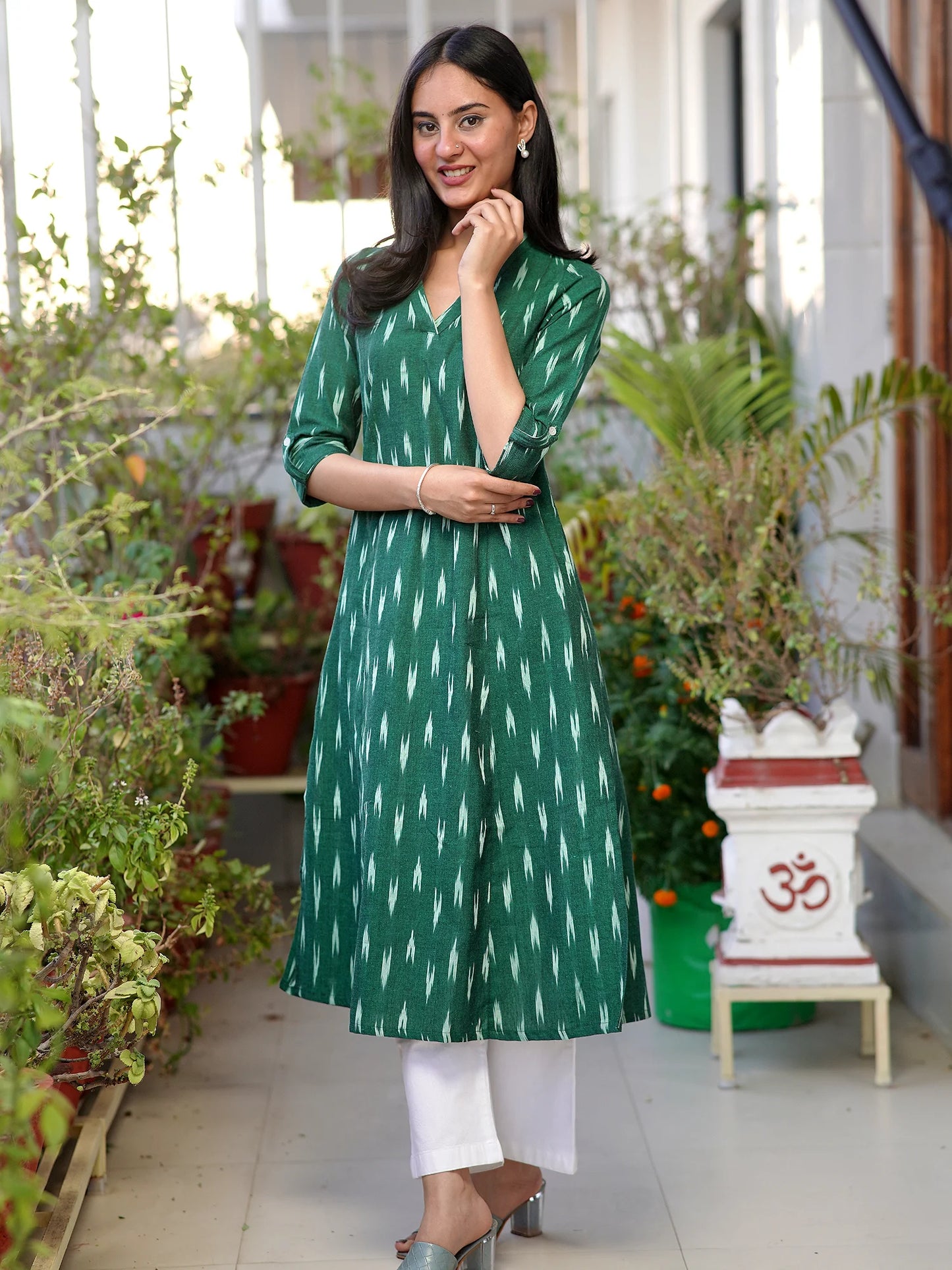 Dark Green IKKAT Handloom A-Line Kurta